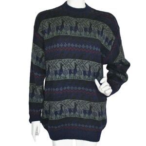SEBSATEX Sweater M Alpaca/Animal pattern, Blue/Green, Long sleeves, Crew, Knit